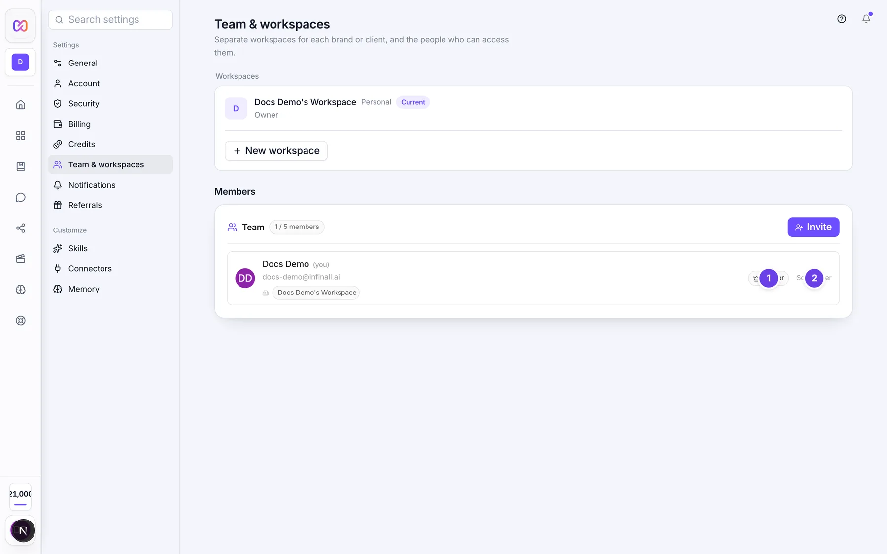 The Team card showing the member rows with the Owner tag and role controls