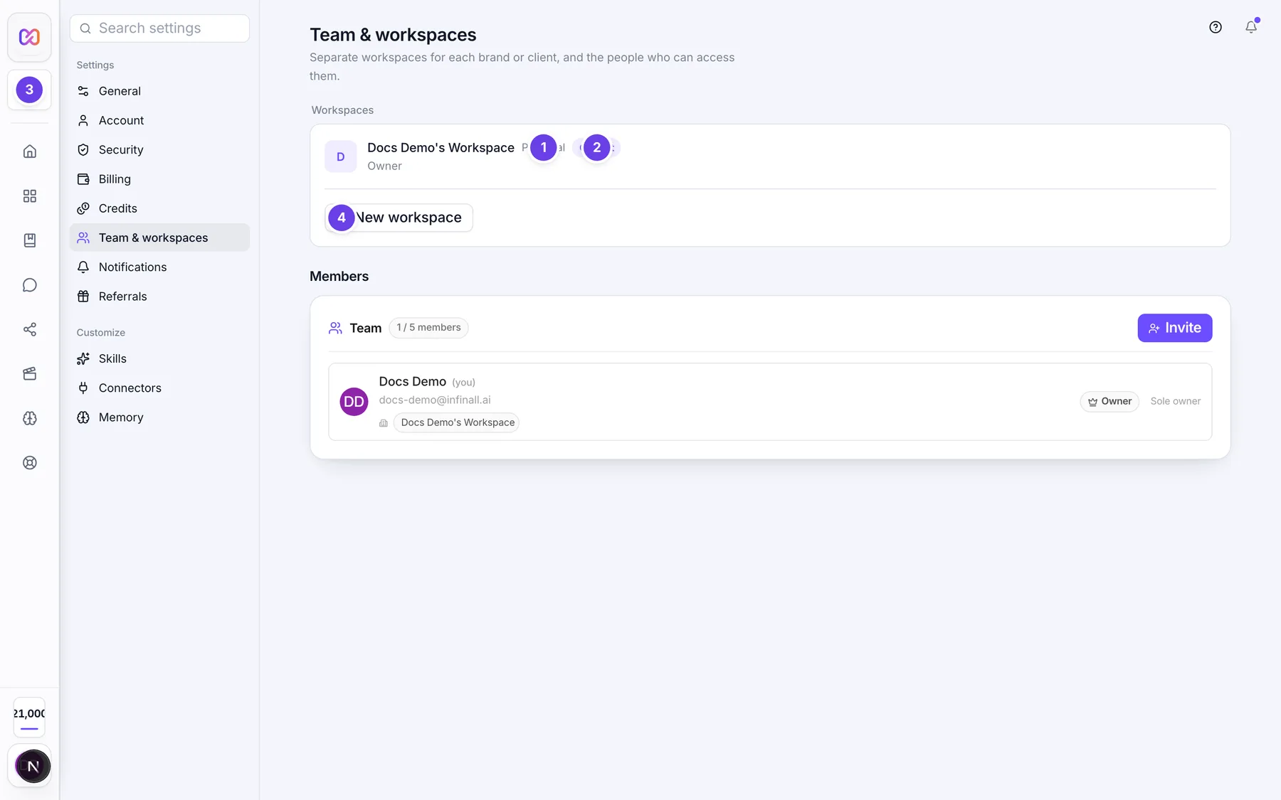 Team and workspaces settings with the Workspaces list, the Current tag, Switch buttons and New workspace
