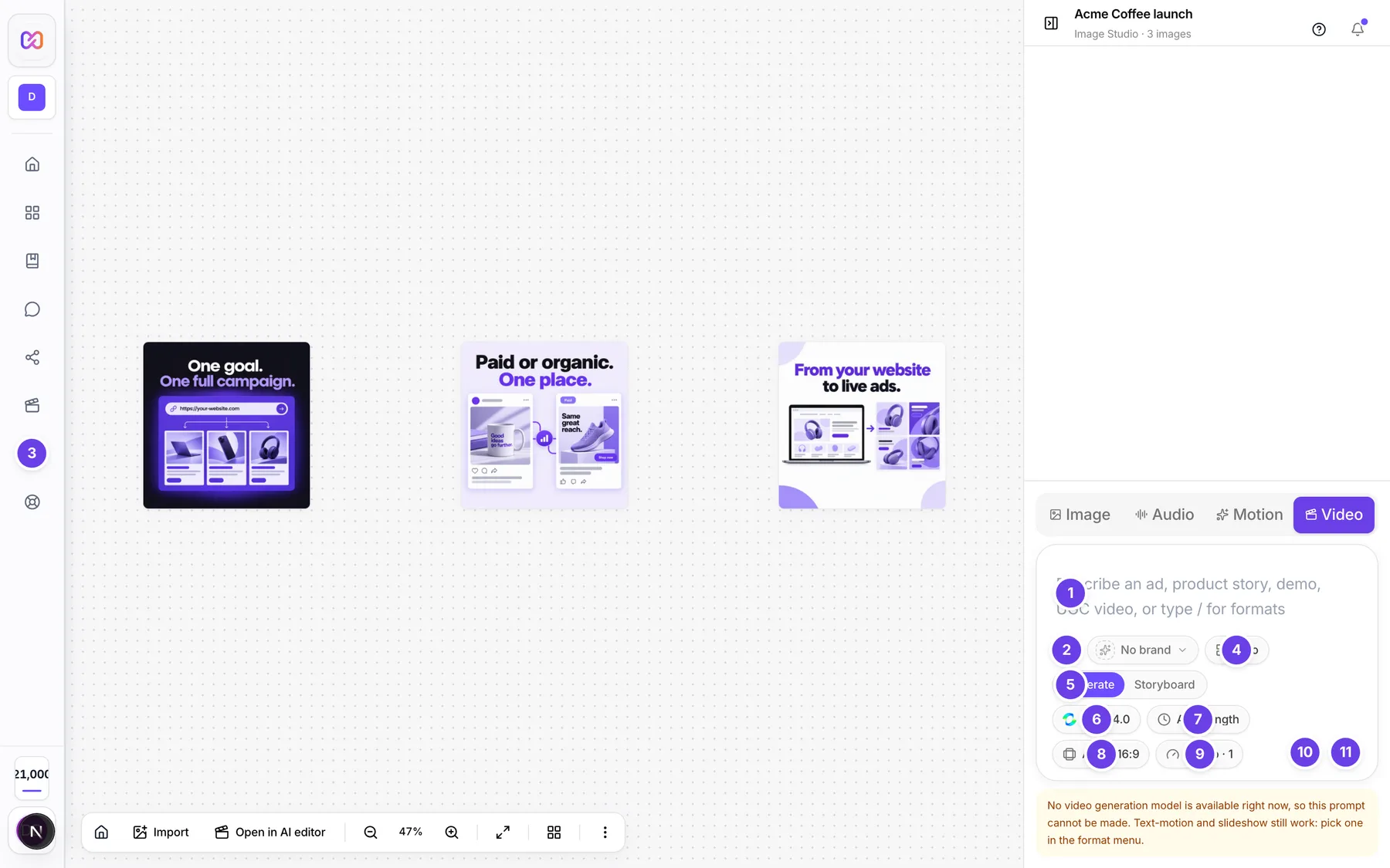 The video composer in Video mode with the prompt box and its row of format, model, length, shape and quality buttons