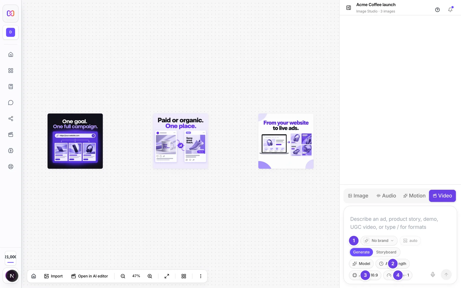 The video composer with the length, aspect ratio and quality and outputs buttons